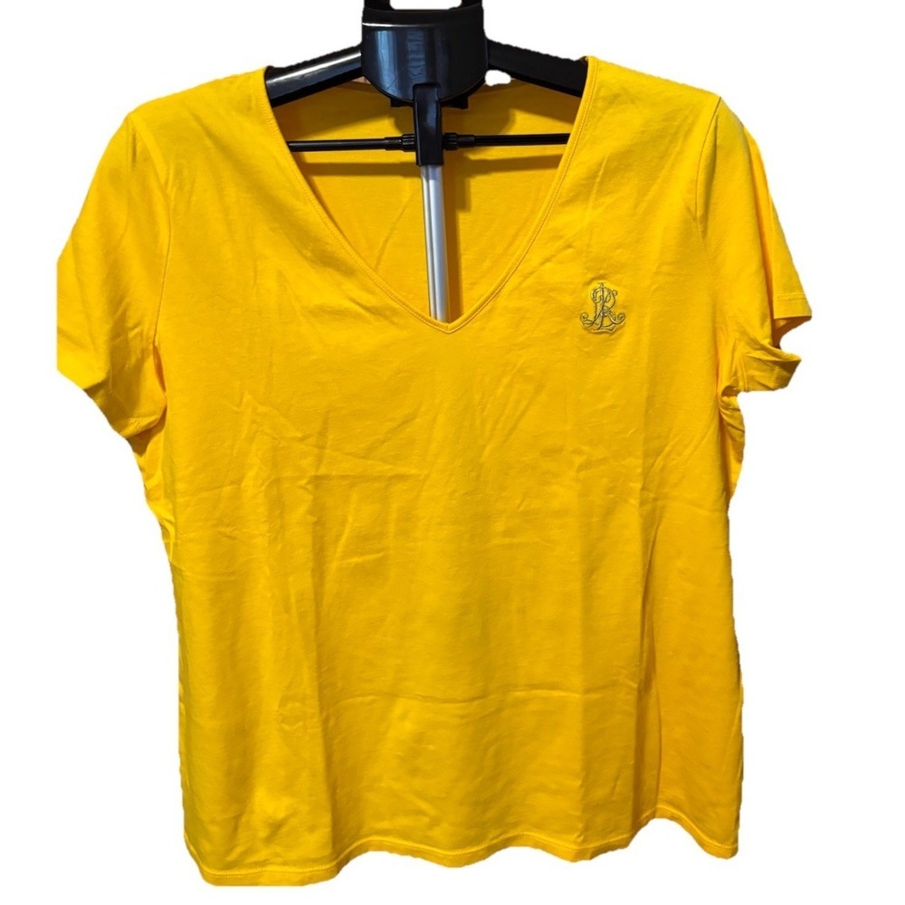 Lauren Ralph Lauren Womens Pet M Yellow V Neck Cotton T Shirt Embroidered Logo